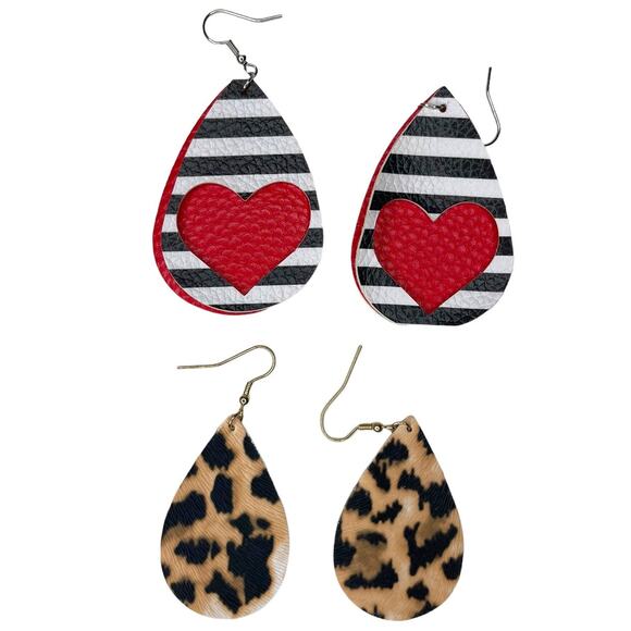 Faux Leather Teardrop Earrings Set of Two Leopard Print and Heart Cut Out - Picture 2 of 6